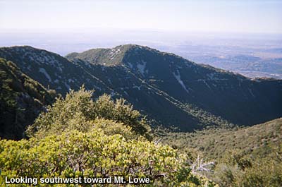 View southwest toward Mt. Markham and Mt. Lowe with Bear Canyon in the foreground